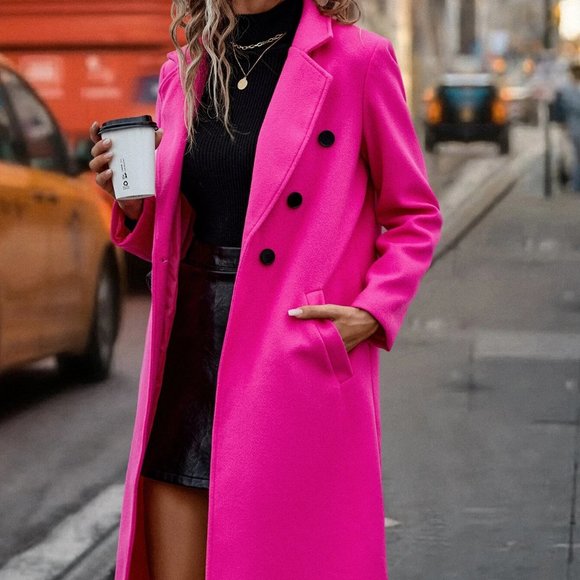 Lapel Neck Double Breasted Overcoat hot pink - Picture 3 of 5